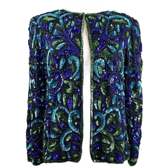 Vtg Stenay Silk Beaded Sequined Swirl Evening Jacket Black Blue Green Size M - Picture 7 of 7